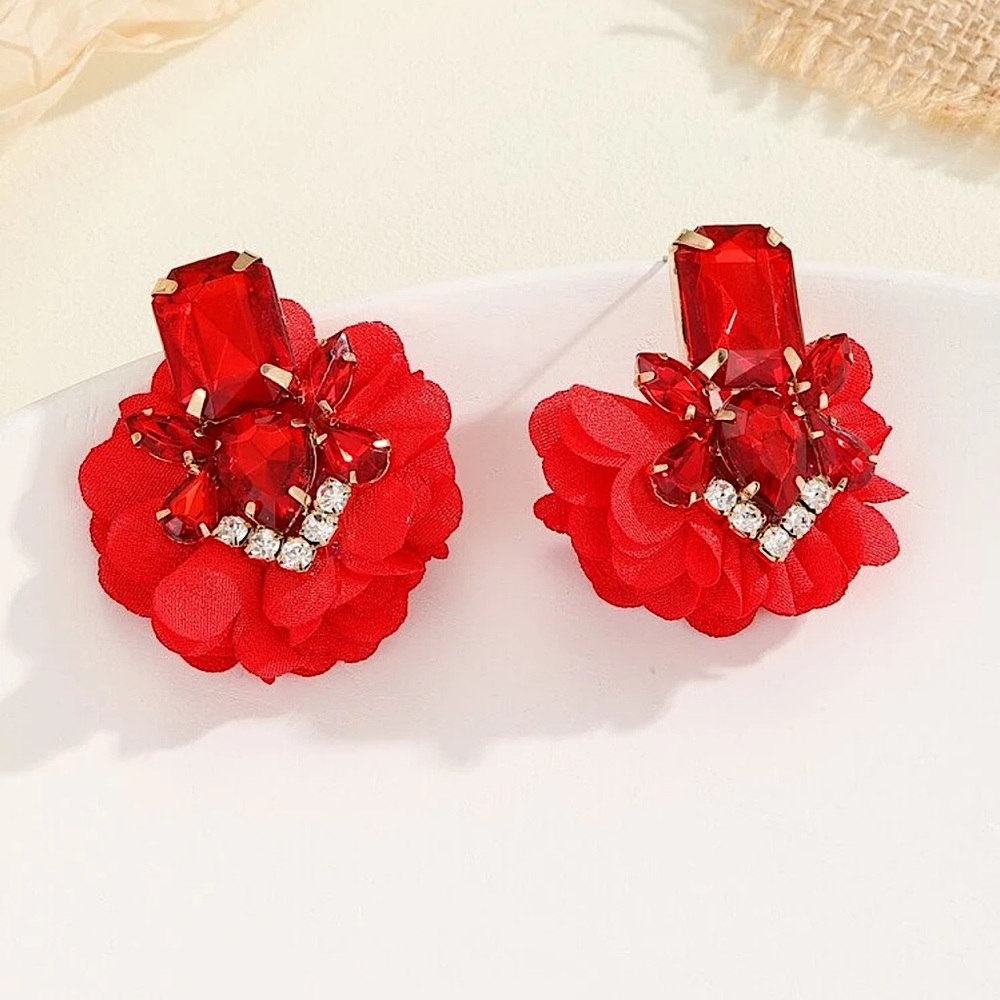 Vibrant Red Floral Earrings with Rhinestones